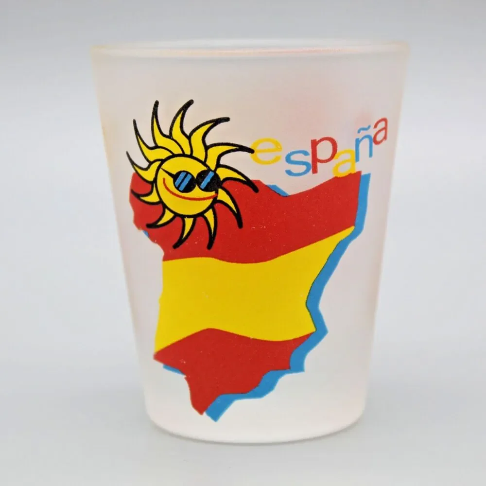 Vintage I love Espana Ole' Shot Glass Sun with Sunglasses Country Shape Barware